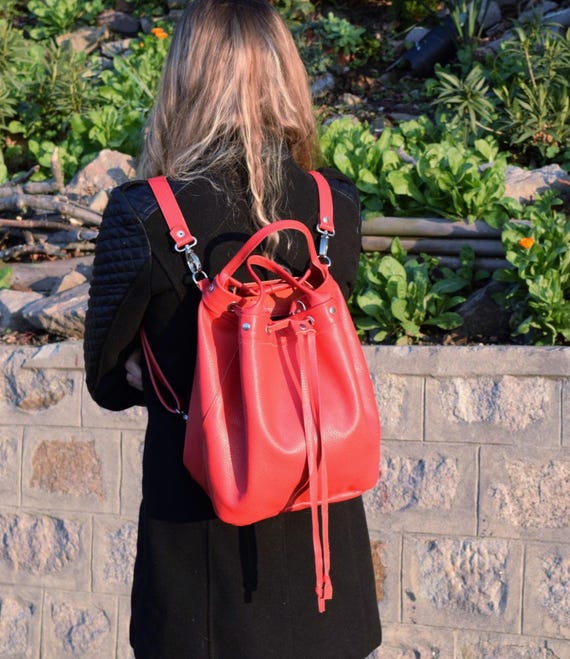 Elegant Convertible Red Leather Backpack Elegant Red Leather Convertible Backpack Purse For Women on  main image 3