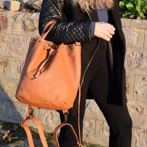 Convertible tote bag into backpack, Full grain leather backpack  convertible into handbag every day,  Cognac convertible backpack travel