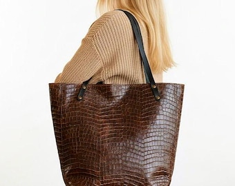Luxury Croc Embossed Leather Tote Bag – Large Brown Shoulder Bag, Handmade Genuine Leather Office Shopper for Women