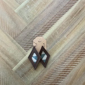 Pode incluir: Um par de brincos de couro marrom em forma de diamante com um inserto de tecido xadrez branco e azul-esverdeado. Os brincos estão pendurados em uma superfície de madeira com uma etiqueta de preço que diz "25 €".
