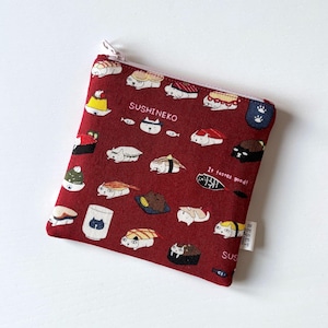 Süßer Japanischer Sushi Beutel - Kawaii Stoff Quadratischer Reißverschluss Beutel, Sushi und Katze Geldbörse, Make Up Tasche, Geschenk für Japan & Sushi Liebhaber