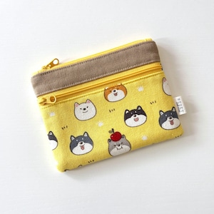 Shiba Inu Double Zipper Pouch - Dog Print Mini Yellow Coin Purse