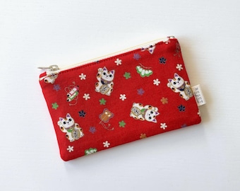 Maneki-Neko Lucky Cat Mini Zipper Pouch – Kawaii Japanese Style Cat Fabric Bag, Small Makeup Bag, Coin Purse, Good Luck Gift