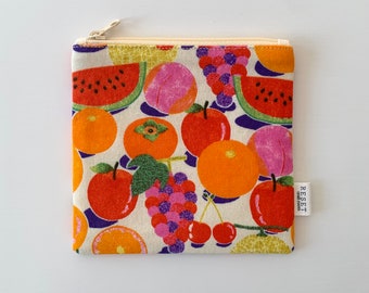 Fruit Print Zipper Pouch: Square Cotton Accessory Organizer, Coin Purse
