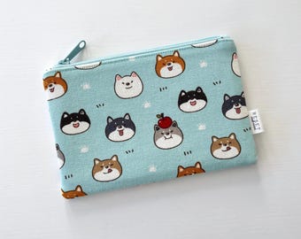 Shiba Inu Zipper Pouch - Dog Print Blue Coin Purse, Accessory Organizer, Cardholder