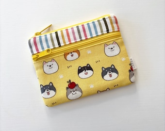 Shiba Inu Double Zipper Pouch - Dog Print Mini Yellow Coin Purse