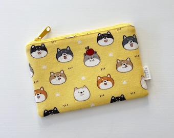 Shiba Inu Zipper Pouch - Dog Print Yellow Coin Purse, Accessory Organizer, Cardholder