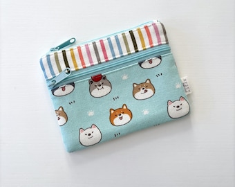 Shiba Inu Double Zipper Pouch - Dog Print Mini Blue Coin Purse