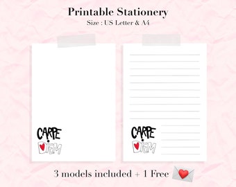 Carpe Diem stationery print / free downloadable envelopes / White black red writing paper / writing paper set