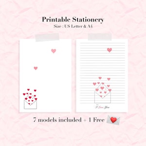 Papel de escribir para imprimir, palabras de amor, papelería de corazones rojos, sobres gratis, set de papel de escribir, descarga inmediata