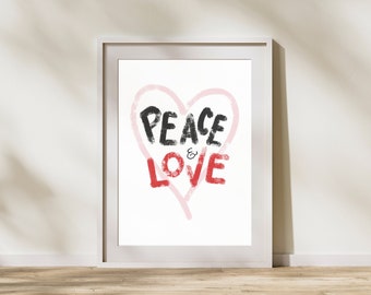 Peace and Love – Printable designer wall art Pink, red and black heart poster Minimalist art painting instant digital download