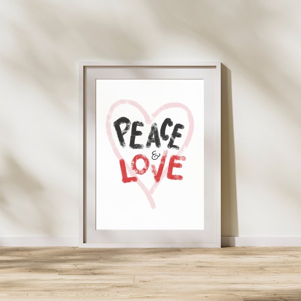 Peace and Love – Art mural design imprimable Affiche coeur rose, rouge et noir Tableau Art minimaliste téléchargement numérique immédiat