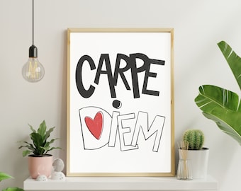 Carpe Diem – Art mural design imprimable Affiche Citation Tableau Coeur rouge et noir Art minimaliste téléchargement numérique immédiat