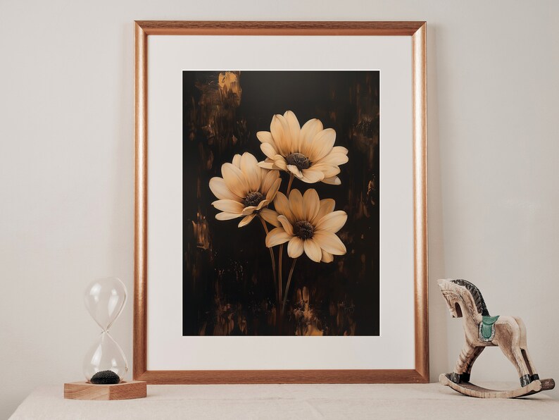 Three Daisies Wall Art Vintage Painting Aesthetic Art Digital Printable Floral Poster Floral Print Muted Color Neutral Art image 5