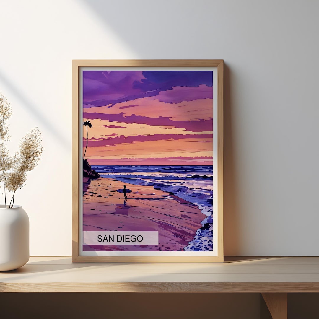 San Diego Travel Poster, Sunset Beach Scene, Coastal Wall Art - Etsy