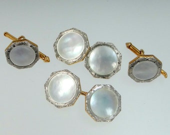 Art Deco 14k Gold, Platinum & Mother of Pearl Cuff Links and Studs