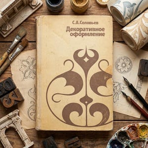 May include: A vintage beige book titled "C.A.Solovyev Dekorativnoye oformleniye" with a large brown symmetrical scrollwork design on the cover. The book is surrounded by artist tools including paintbrushes, ink pens, paint pots, and architectural sketches.