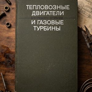 Pode incluir: Um livro de capa dura em verde oliva escuro com o texto branco "ТЕПЛОВОЗНЫЕ ДВИГАТЕЛИ ВНУТРЕННЕГО СГОРАНИЯ И ГАЗОВЫЕ ТУРБИНЫ". O livro está rodeado por vários componentes mecânicos de metal, incluindo parafusos, tesouras de metal e uma almotolia.