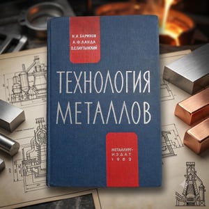 Könnte beinhalten: Ein blaues Hardcover-Buch mit dem Titel "ТЕХНОЛОГИЯ МЕТАЛЛОВ" und roten rechteckigen Akzenten auf dem Einband. Das Buch enthält die Namen N.A. Barinov, A.F. Landa und P.S. Pautinskiy sowie den Verlag Metallurgizdat und das Jahr 1963.