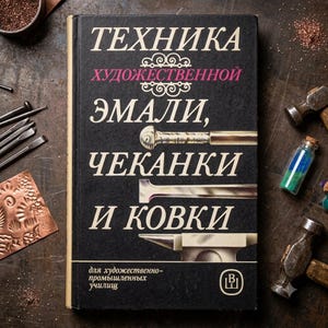 Könnte beinhalten: Ein schwarzes Hardcover-Buch mit dem Titel "ТЕХНИКА ХУДОЖЕСТВЕННОЙ ЭМАЛИ, ЧЕКАНКИ И КОВКИ" mit goldener Schrift und Abbildungen von Metallbearbeitungswerkzeugen wie Hammer, Punze und Amboss, umgeben von verschiedenen Metallbearbeitungsutensilien.