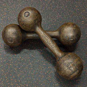 Könnte beinhalten: Zwei Hanteln im antiken Stil mit Bronze-Finish liegen auf einer strukturierten Oberfläche. Eine Hantel ist mit der Zahl "4" markiert, die andere mit "7,5". Das Wort "Hoochwood" ist auf dem Griff einer Hantel eingraviert.