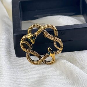Gold Double Snake Brooch: Retro Winding Flower Design