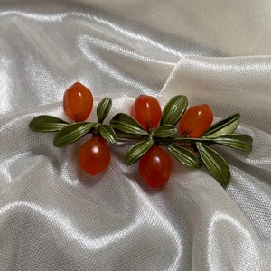 Vintage Lemon Fruit Brooch, vintage enamel green color plant pearl pin,Forest  fruit green leaf pin, top corsage, Mother&#39;s Day gift