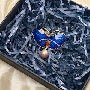 Blue Enamel Butterfly Brooch with Pearl - Alloy Pin