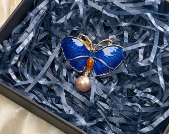Blue Enamel Butterfly Brooch with Pearl - Alloy Pin
