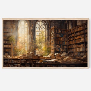 Może przedstawiać: Malowidło przedstawiające dużą, starą bibliotekę z wysokimi regałami wypełnionymi książkami. Biblioteka jest oświetlona światłem słonecznym wpadającym przez dwa duże okna. Na podłodze i stołach leżą stosy książek.