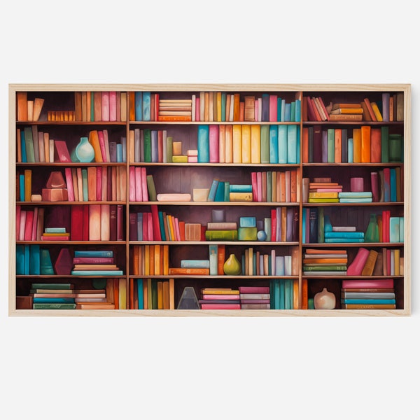 Frame TV Art Bookshelf | Digital Download Library, Colorful Books Samsung Frame TV art, Book Lovers, Modern Colorful Style