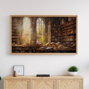 May include: A painting of a library with tall bookshelves filled with books. The library is lit by sunlight streaming through large windows. There are stacks of books on the floor and tables.