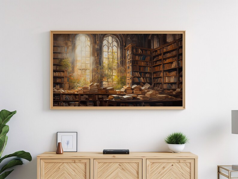 May include: A painting of a library with tall bookshelves filled with books. The library is lit by sunlight streaming through large windows. There are stacks of books on the floor and tables.