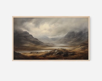 Scotland Samsung Frame TV Art | Moody Autumn Scottish Valley Dark Brown and Bronze Landscape Art | Digital Download Vintage Oil Painting