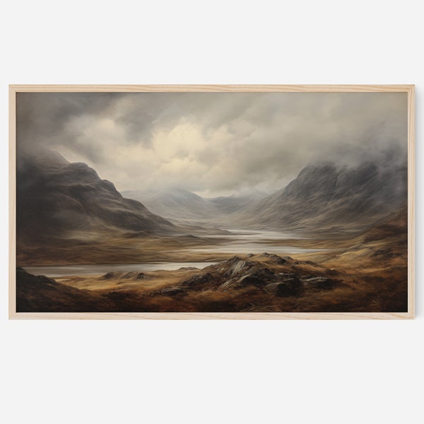 Scotland Samsung Frame TV Art | Moody Autumn Scottish Valley Dark Brown and Bronze Landscape Art | Digital Download Vintage Oil Painting