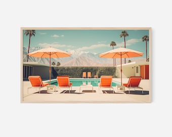 Retro zomer Samsung lijst tv-kunst | Architectuur uit het midden van de eeuw, vintage Samsung-frame tv-kunst voor Smart Tv Retro Pool Vintage tv-beeld
