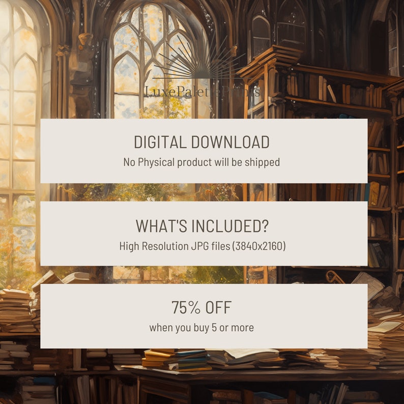 May include: Digital download of high-resolution JPG files (3840x2160) of a library interior with bookshelves, stacks of books, and a window.  The text "DIGITAL DOWNLOAD", "No Physical product will be shipped", "WHAT'S INCLUDED?", "High Resolution JPG files (3840x2160)", and "75% OFF when you buy 5 or more" is displayed on the image.