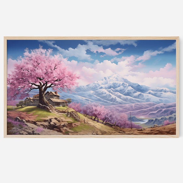 Spring Landscape FRAME TV Art Digital Download | Japan CherryBlossom with Mountains Frame Tv Art File | Pink Spring Tv, Frame TV Landscape