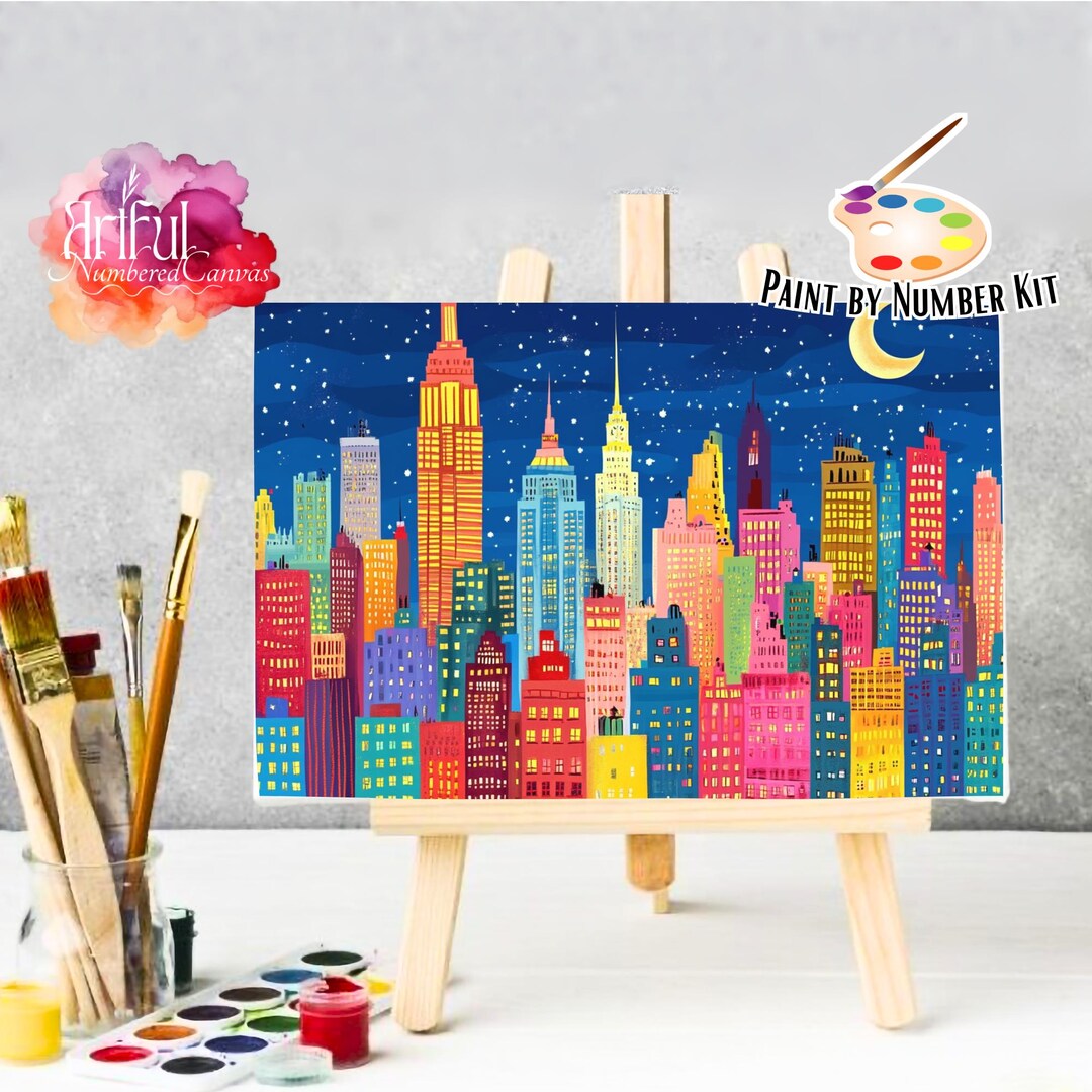Skyline of New York Bynight 1 Painting Kit, Cities Diy Paint by Numbers ...