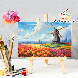 Kit 5 per dipingere paesaggi fai da te, pittura Tulip Time in Olanda, colorazione numerata, colore per numero per adulti