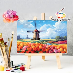 Kit de peinture par numéros de paysage à monter soi-même, peinture à l'époque des tulipes en Hollande, numéro à colorier, couleur par numéro pour adultes