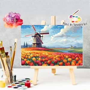 Landschaft Malen Nach Zahlen Kit 3, Tulpenzeit In Holland Malerei, Färbung Nummeriert, Farbe Nach Zahl Für Erwachsene