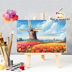 Landschaft Malen Nach Zahlen Kit 2, Tulpenzeit In Holland Malerei, Färbung Nummeriert, Farbe Nach Zahl Für Erwachsene