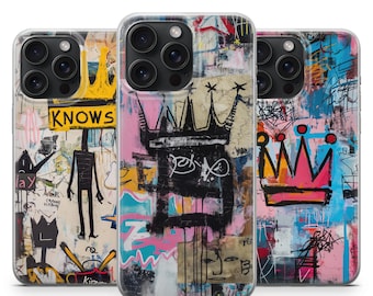 Basquiat - Étui pour téléphone Crown Art avec graffiti abstrait pour iPhone 15 Pro, 14, 13, 12, 8 XR | Samsung S23, S24, A54 | Google Pixel 8A, 7A, 6A