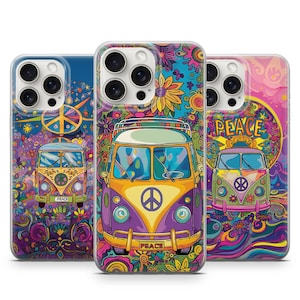Coque de portable Peace Harmony, Boho Hippie Van Flower Cover pour iPhone 16, 15 Pro, 14, 13, 12 | Samsung S23, S24, A54 | Pixel 9, 8, 7 de Google