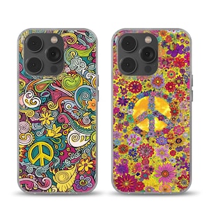 May include: Two phone cases with vibrant, psychedelic designs. One case displays a peace symbol surrounded by flowers in yellow, pink, and purple. The other case has a swirling, abstract design with a peace sign.