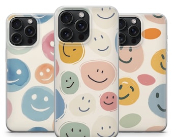 Smiley Faces Phone Case Pastel Bumpy Happy Face Cover for iPhone 16, 15 Pro, 14, 13, 12 | Samsung S25, S24, A54, A35 | Google Pixel 9, 8, 7