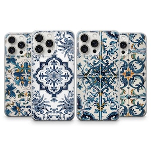 May include: Four clear phone cases featuring a blue and white tiled pattern. The cases are designed for an iPhone with a camera bump.