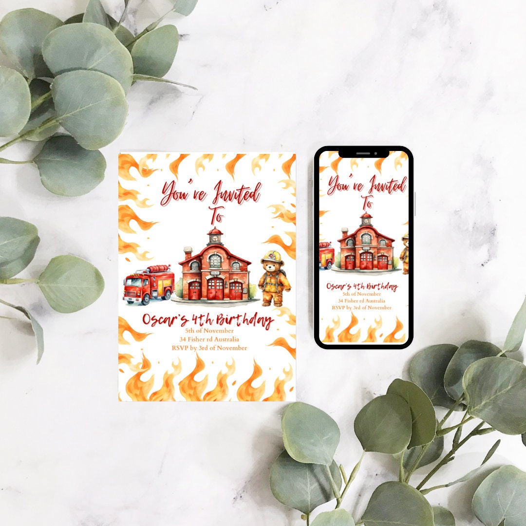 Editable Firefighter Invitation Digital Invite, Kids Party Invite ...