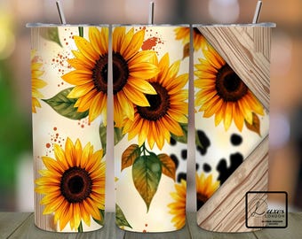 Diseño de sublimación para vaso de 20 oz con estampado de vaca y girasoles (PNG), diseño estilo country western, vaso con estampado de vaca, descarga digital PNG.